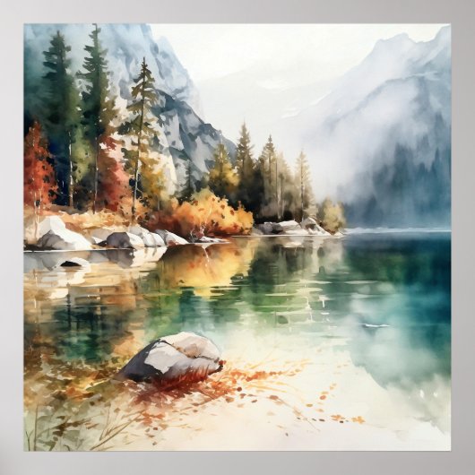 Mountain Lake Waterverf Schilderij Art Print (Voorkant)