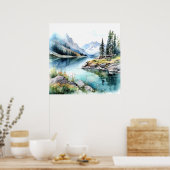 Mountain Lake Waterverf Schilderij Art Print (Keuken)