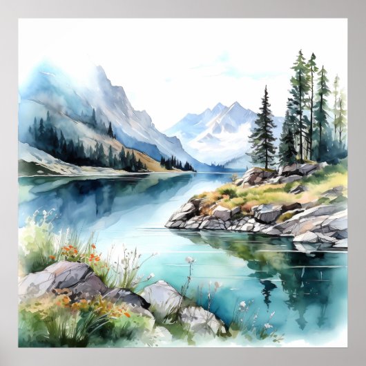 Mountain Lake Waterverf Schilderij Art Print (Voorkant)
