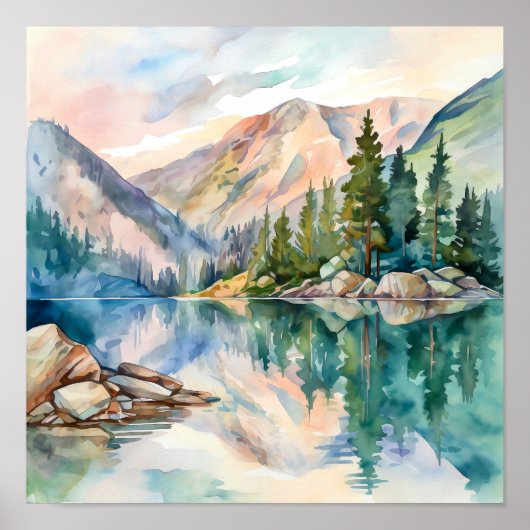 Mountain Lake Waterverf Schilderij Art Print (Voorkant)