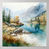 Mountain Lake Waterverf Schilderij Art Print (Voorkant)