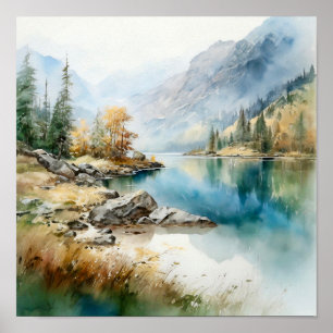 Mountain Lake Waterverf Schilderij Art Print