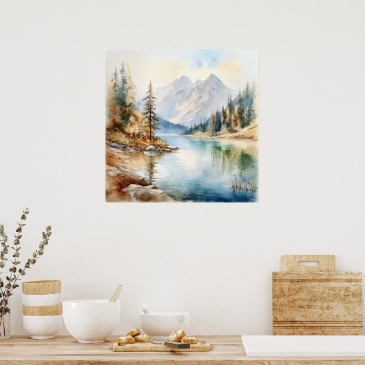 Mountain Lake Waterverf Schilderij Art Print (Keuken)