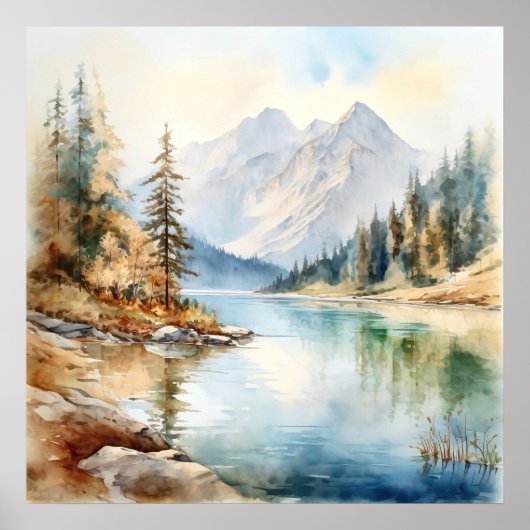 Mountain Lake Waterverf Schilderij Art Print (Voorkant)
