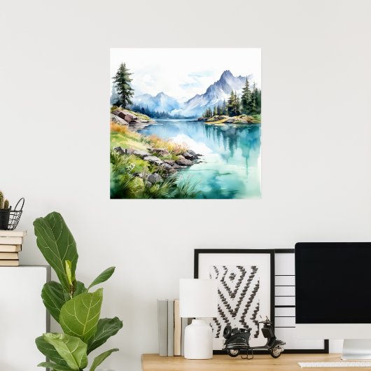 Mountain Lake Waterverf Schilderij Art Print (Thuiskantoor)