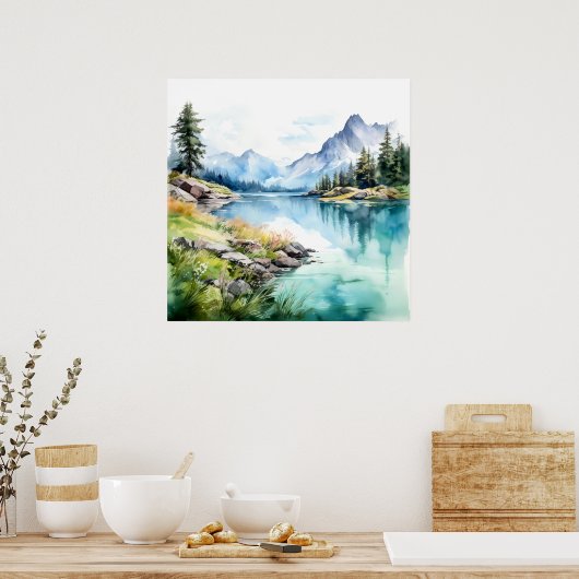 Mountain Lake Waterverf Schilderij Art Print (Keuken)