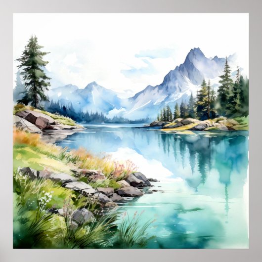 Mountain Lake Waterverf Schilderij Art Print (Voorkant)