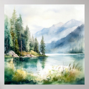 Mountain Lake Waterverf Schilderij Art Print