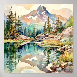 Mountain Lake Waterverf Schilderij Art Print