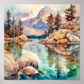 Mountain Lake Waterverf Schilderij Art Print (Voorkant)