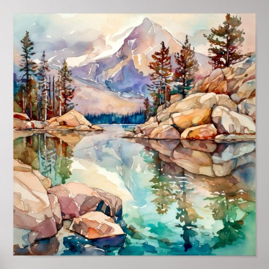 Mountain Lake Waterverf Schilderij Art Print (Voorkant)