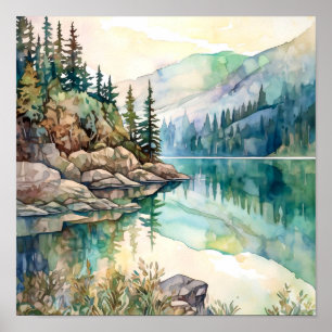Mountain Lake Waterverf Schilderij Art Print