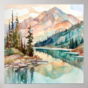 Mountain Lake Waterverf Schilderij Art Print