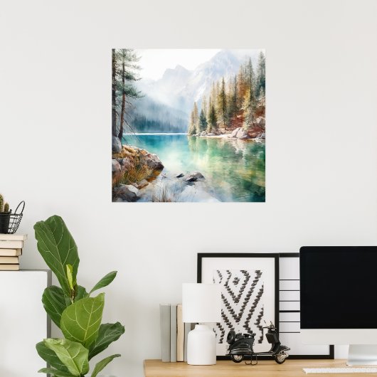 Mountain Lake Waterverf Schilderij Art Print (Thuiskantoor)