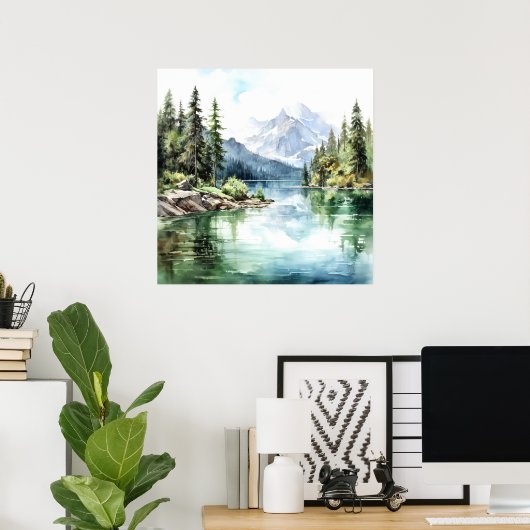 Mountain Lake Waterverf Schilderij Art Print (Thuiskantoor)
