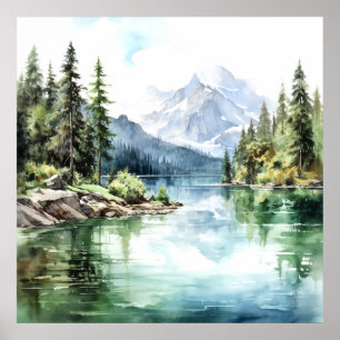 Mountain Lake Waterverf Schilderij Art Print