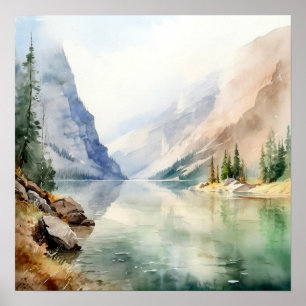 Mountain Lake Waterverf Schilderij Art Print