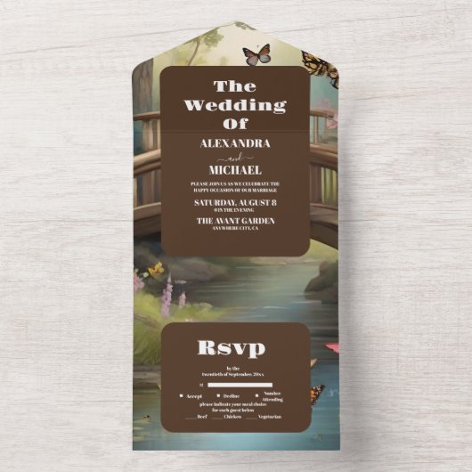 Mountain Lake Waterverf Tree Bruiloft All In One Uitnodiging (Binnen)