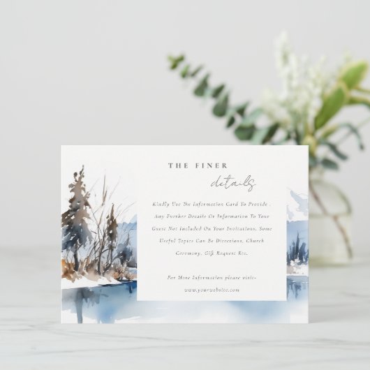 Mountain Lake Winter Landschap Wedding Detail Informatiekaartje (Staand voorkant)