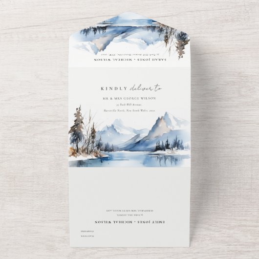 Mountain Lake Winter Sneeuw Landschap Wedding All In One Uitnodiging (Buitenkant)
