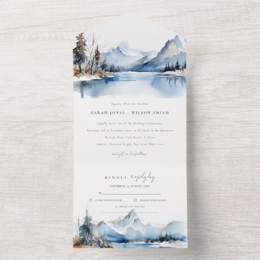 Mountain Lake Winter Sneeuw Landschap Wedding All In One Uitnodiging (Binnen)
