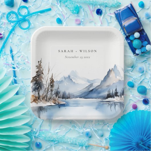 Mountain Lake Winter Sneeuw Landschap Wedding Papieren Bordje (Feest)