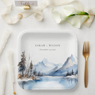 Mountain Lake Winter Sneeuw Landschap Wedding Papieren Bordje