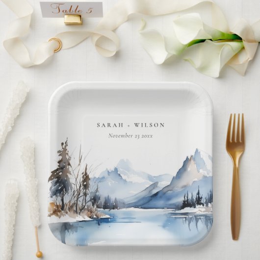 Mountain Lake Winter Sneeuw Landschap Wedding Papieren Bordje (Huwelijk)