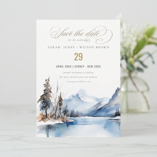 Mountain Lake Winter Sneeuw Landschap Wedding Save The Date (Staand voorkant)