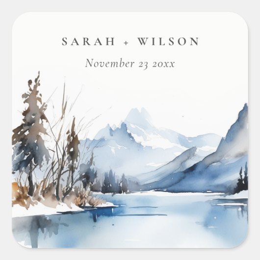 Mountain Lake Winter Sneeuw Landschap Wedding Vierkante Sticker (Voorkant)