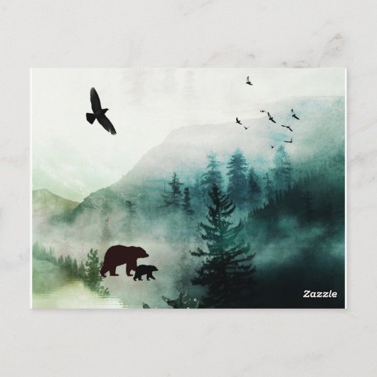 Mountain Landscape Bears Birds Forest Briefkaart (Achterkant)