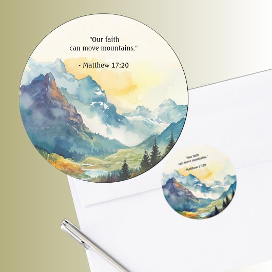 Mountain Landscape Bible Verse Coral Ronde Sticker