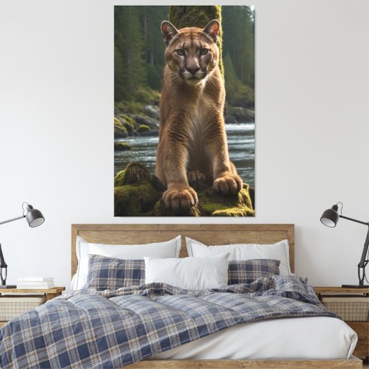 Mountain Lion bij een Rock Pool Canvas Afdruk (Insitu (Slaapkamer))