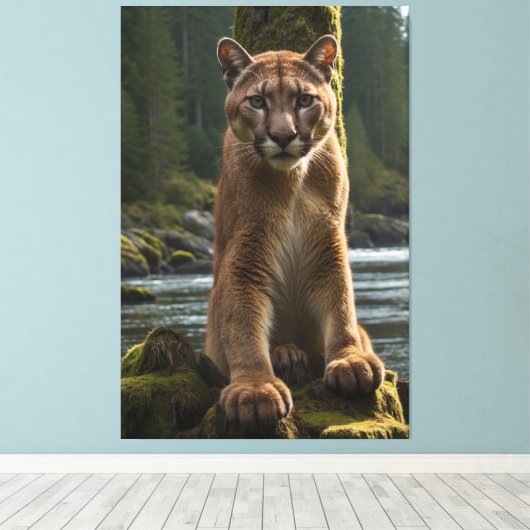 Mountain Lion bij een Rock Pool Canvas Afdruk (Insitu (Houten vloer))