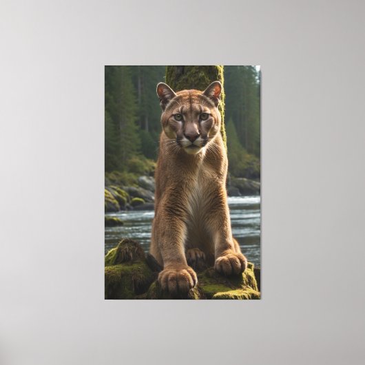 Mountain Lion bij een Rock Pool Canvas Afdruk (Voorkant)
