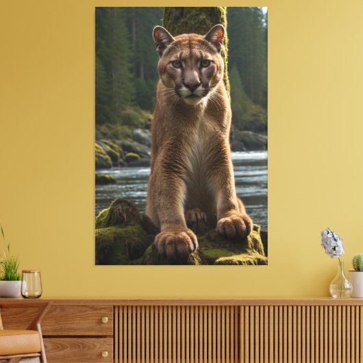Mountain Lion bij een Rock Pool Canvas Afdruk (Insitu (Woonkamer))