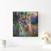 Mountain Lion Floral Vierkante Klok (Huis)