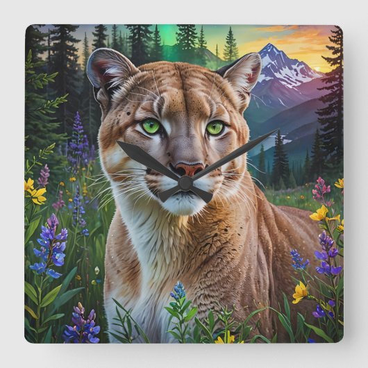 Mountain Lion Floral Vierkante Klok (Voorkant)