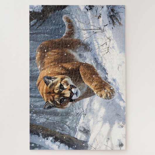 Mountain Lion op jacht in de sneeuw Legpuzzel (Verticaal)