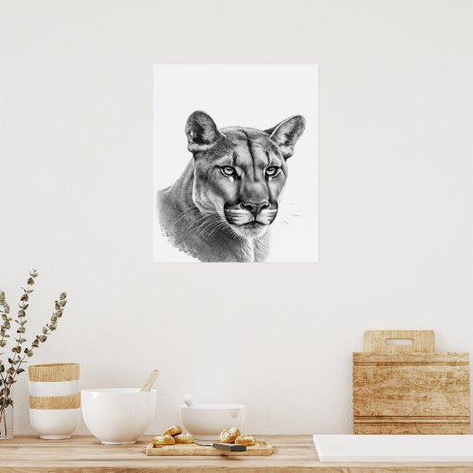 Mountain Lion Puma Big Cat Black White Poster (Keuken)