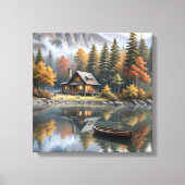 Mountain Log Cabin met roeiboot op een meer Canvas Afdruk (Voorkant)