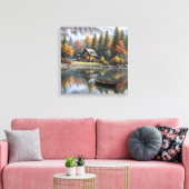 Mountain Log Cabin met roeiboot op een meer Canvas Afdruk (Insitu (Woonkamer))