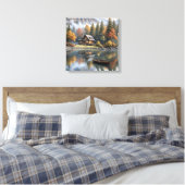 Mountain Log Cabin met roeiboot op een meer Canvas Afdruk (Insitu (Slaapkamer))