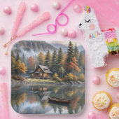 Mountain Log Cabin met roeiboot op een meer Papieren Bordje (Feest)