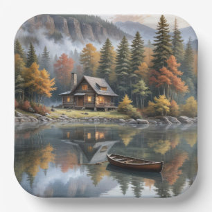 Mountain Log Cabin met roeiboot op een meer Papieren Bordje