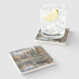 Mountain Log Cabin met roeiboot op een meer Stenen Onderzetter