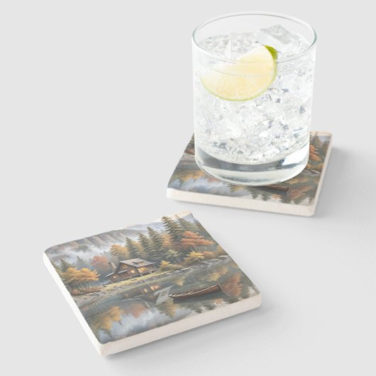 Mountain Log Cabin met roeiboot op een meer Stenen Onderzetter (Zijkant)