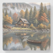 Mountain Log Cabin met roeiboot op een meer Stenen Onderzetter (Voorkant)
