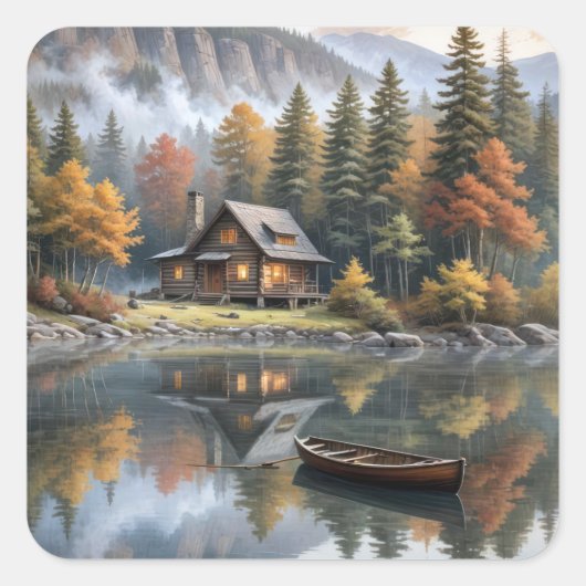 Mountain Log Cabin met roeiboot op een meer Vierkante Sticker (Voorkant)