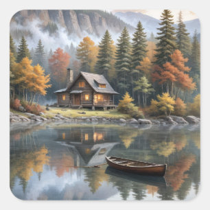 Mountain Log Cabin met roeiboot op een meer Vierkante Sticker